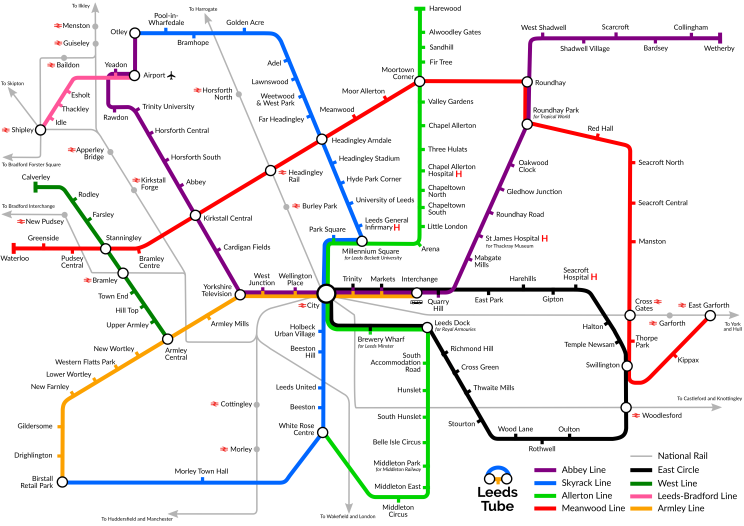 A London Tube map-style drawing of major population centres in Leeds